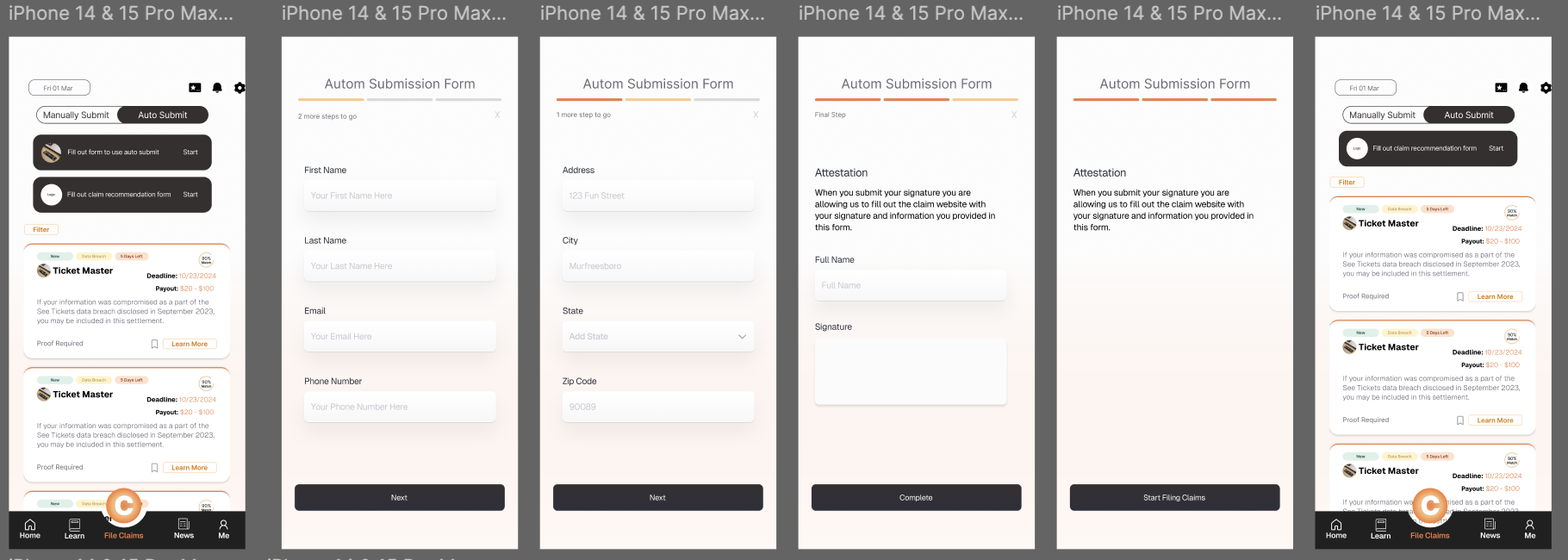 Corresi form submission and claim tracking screens