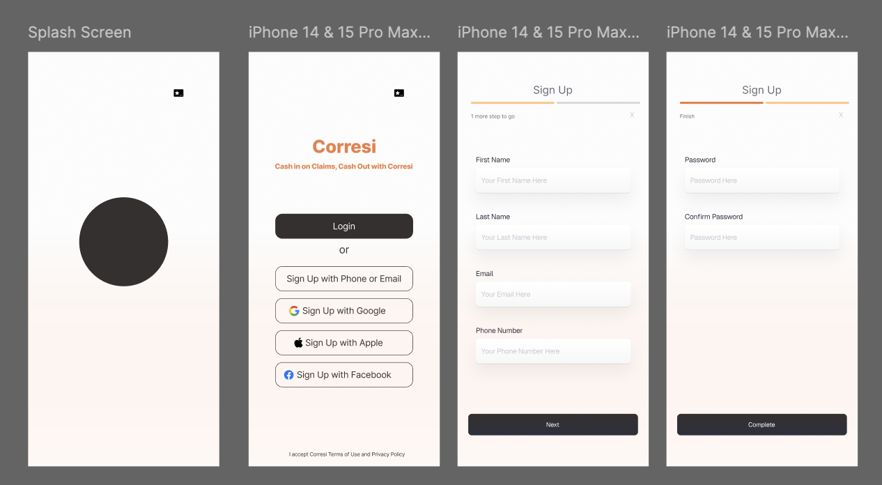 Corresi onboarding and sign-up screens