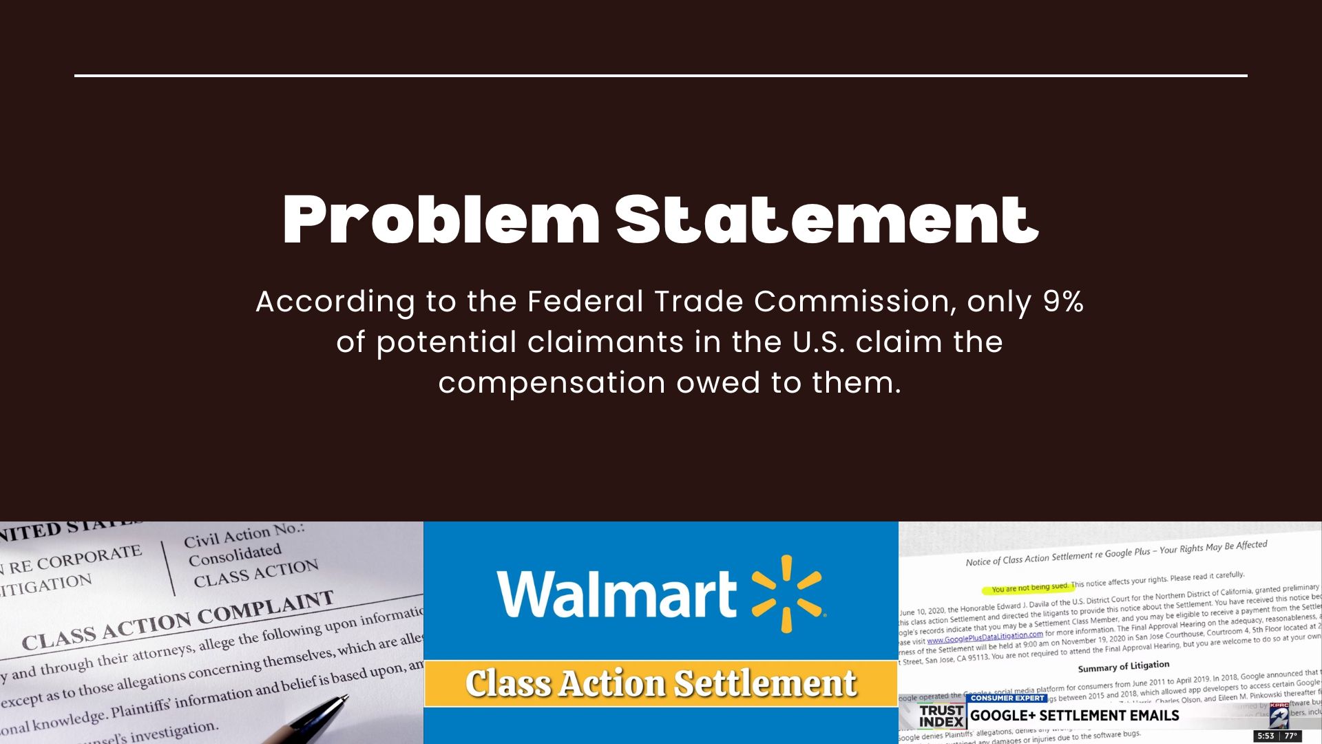 Problem statement showing only 9% of potential claimants claim compensation