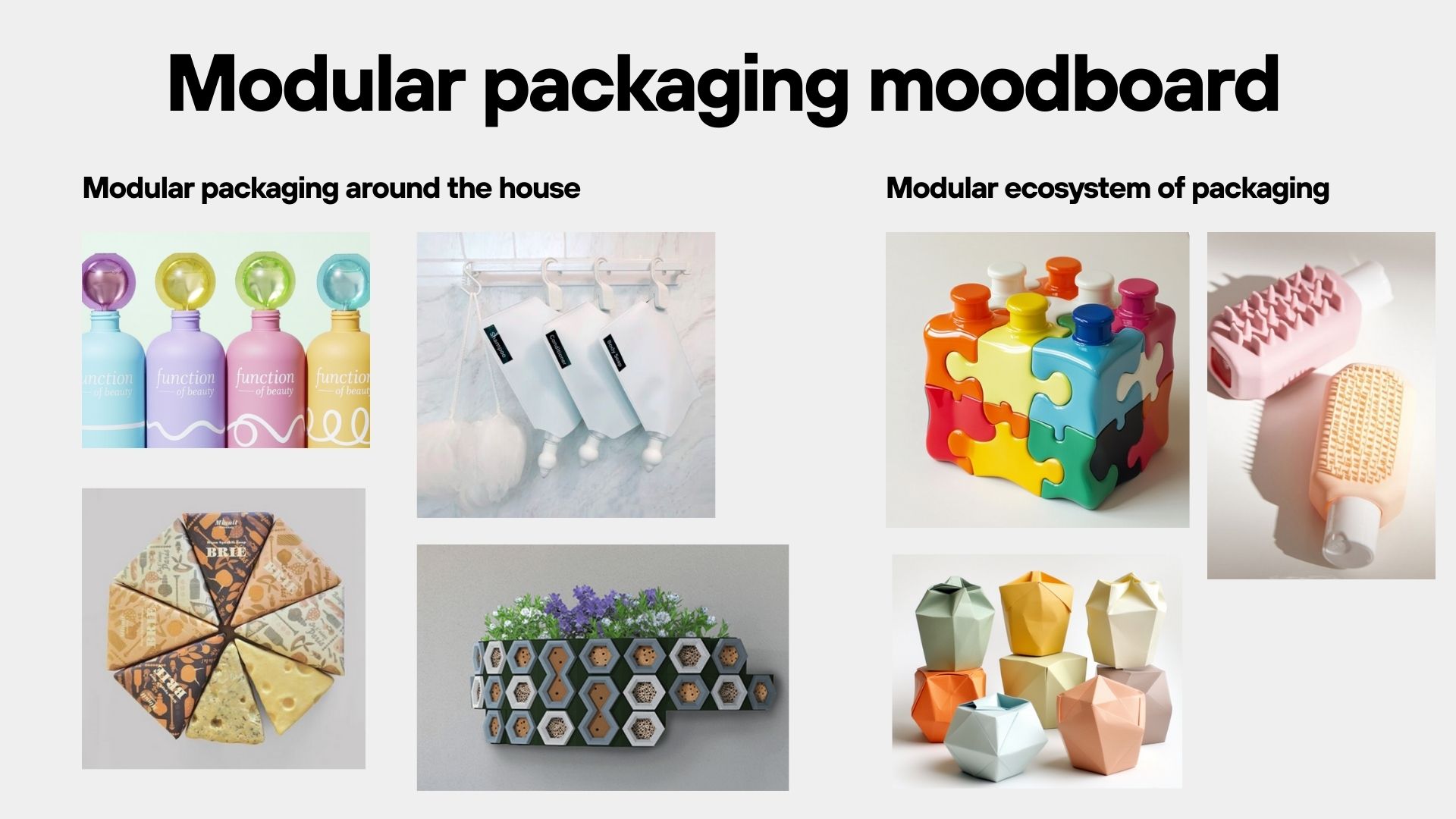 Modular packaging moodboard showing various sustainable packaging concepts